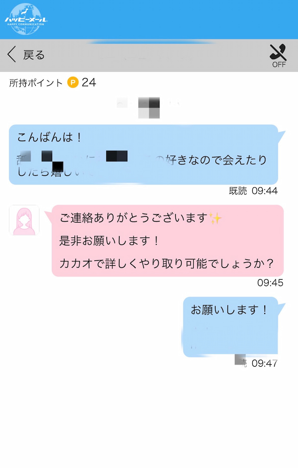 ハッピーメールのやり取りの画像