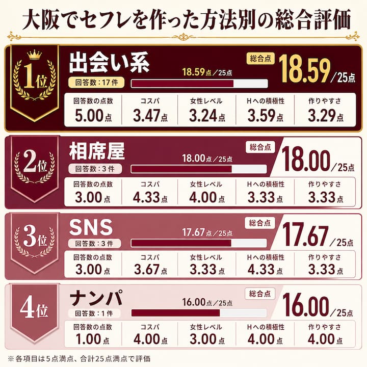 大阪でセフレを作った方法別の総合評価の画像